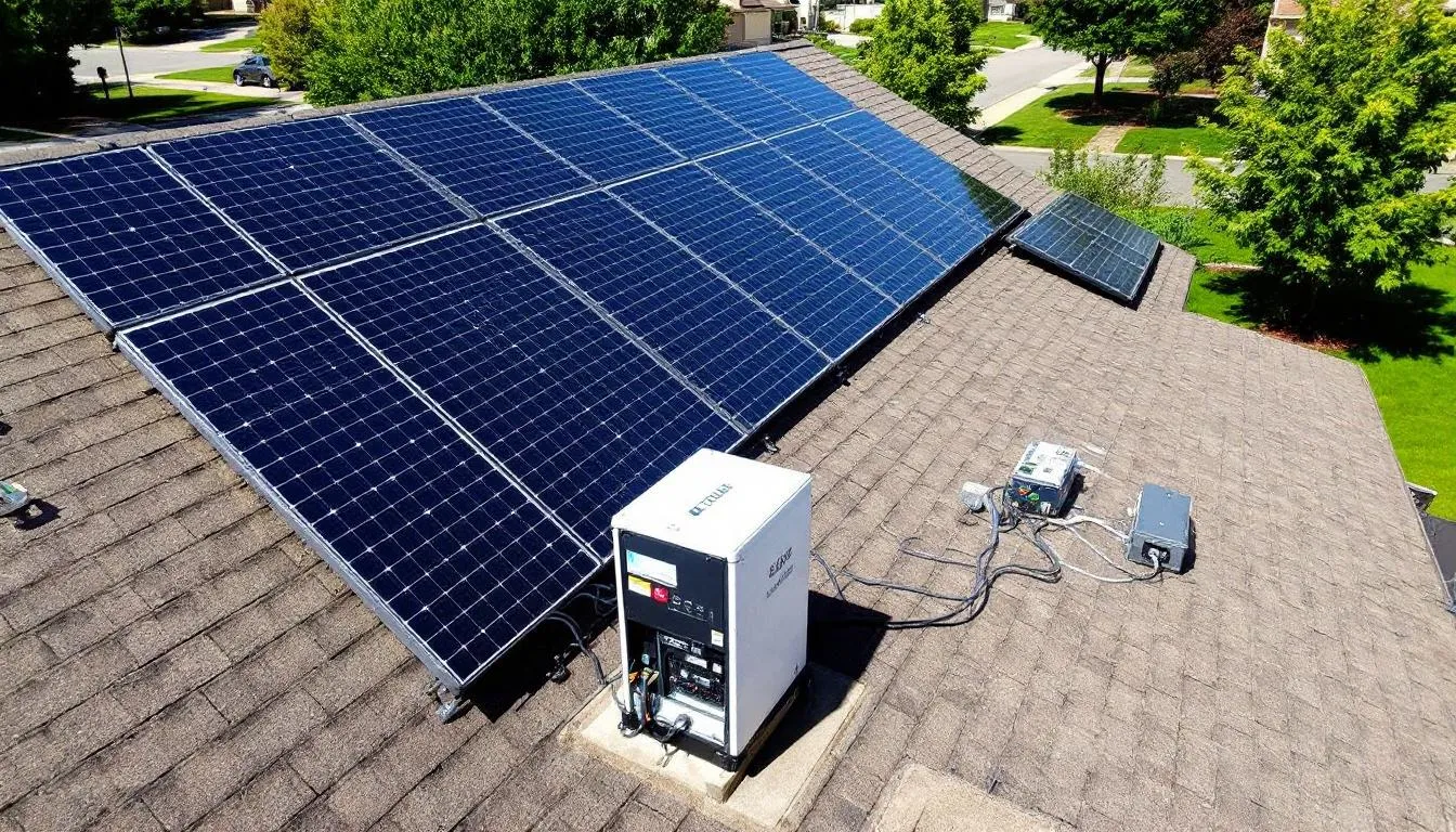 The image depicts a residential solar installation in India featuring several solar panels mounted on the roof, a battery storage unit for energy management, and grid connection equipment, illustrating both on grid and off grid solar systems. This setup highlights the integration of renewable energy sources, allowing for energy independence and backup power during outages.
