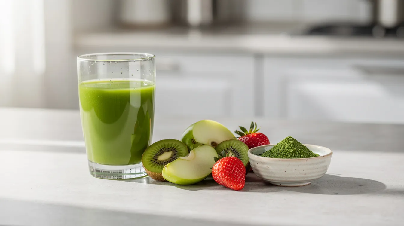 Ein Glas mit einem grünen Getränk steht auf einem hellen Küchentisch, umgeben von frischem Obst und einer Schale mit grünem Pulver, das möglicherweise ein Greens Produkt wie Matcha oder Chlorella ist. Diese Szene vermittelt ein Gefühl von Vitalität und gesunder Ernährung im Alltag.