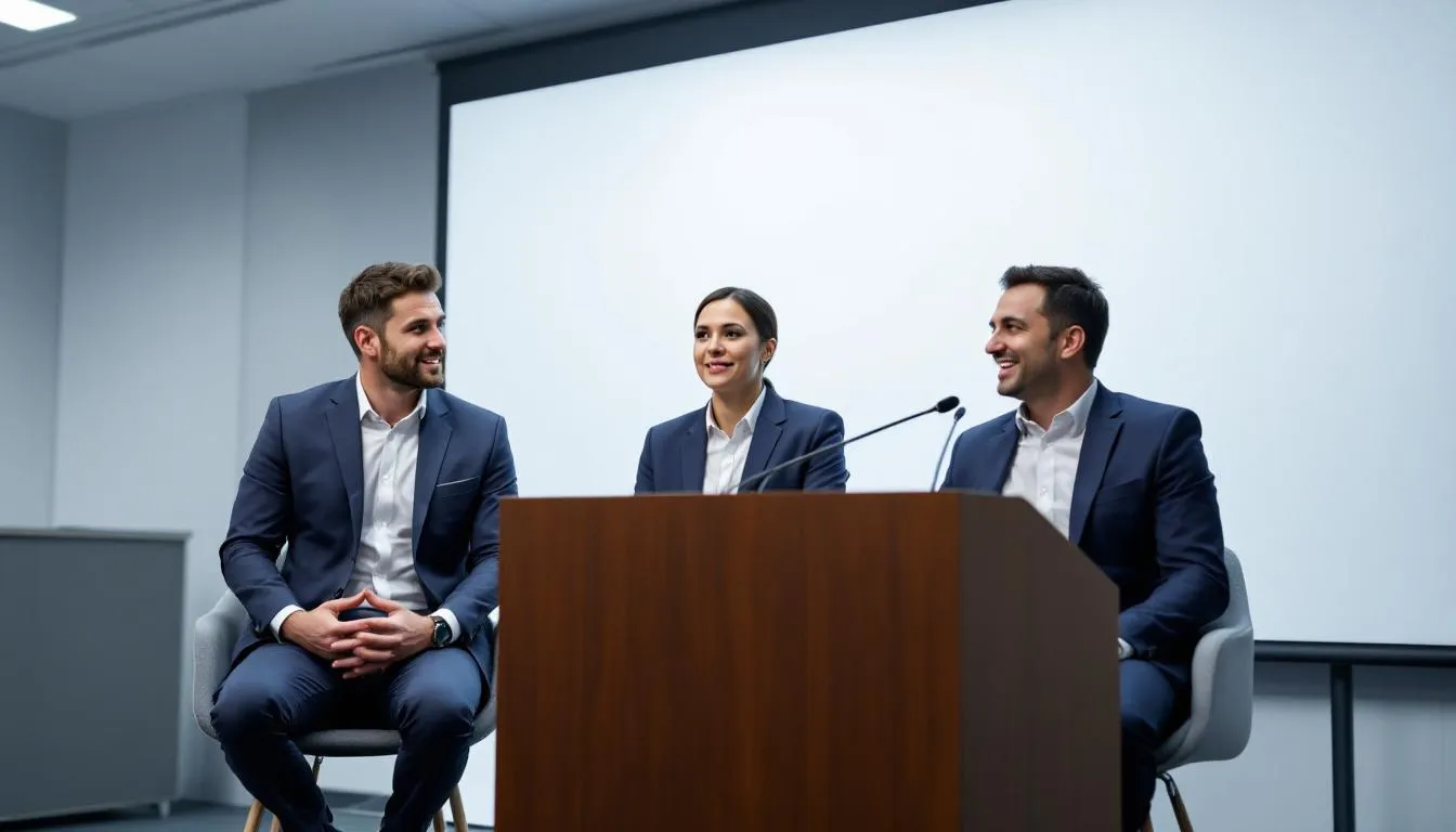 Online Lexikon: Fotografie einer Podiumsdiskussion zur Lohnpolitik, professional