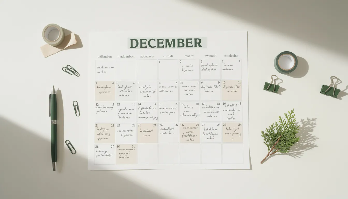 Een kalender met dagelijkse kleine taken voor een georganiseerde december, die praktische tips biedt voor het schoonmaken en opruimen van je huis. Deze kalender helpt je om een goed overzicht te houden en stress te verminderen tijdens de drukke feestdagen.