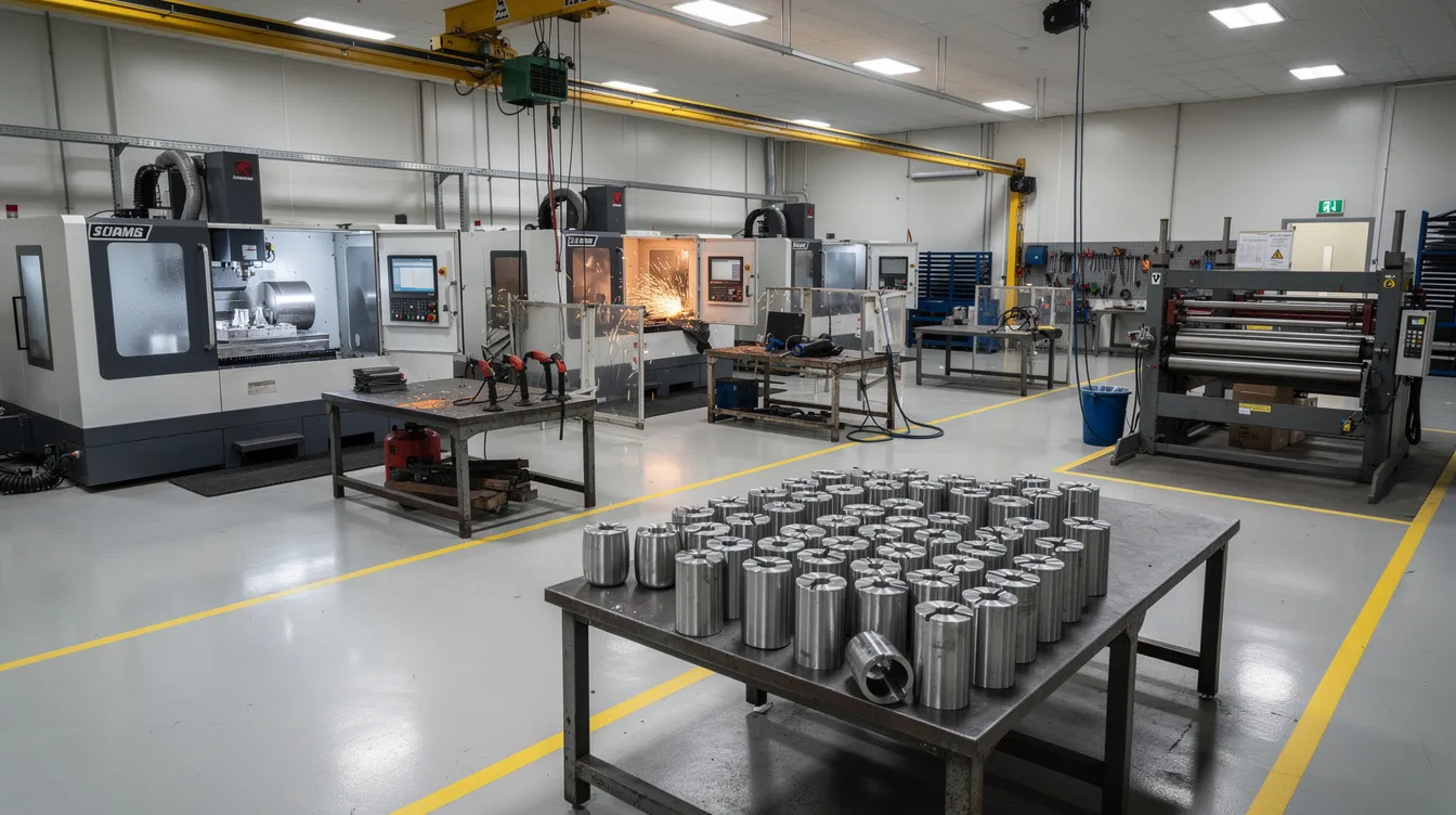 The image depicts an industrial fabrication workshop filled with various CNC machines, welding stations, and metal rolling equipment, including sheet metal slip rollers. Finished cylindrical stainless steel parts are neatly arranged on a workbench, showcasing the workshop's focus on creating high-quality components for the fabrication industry.