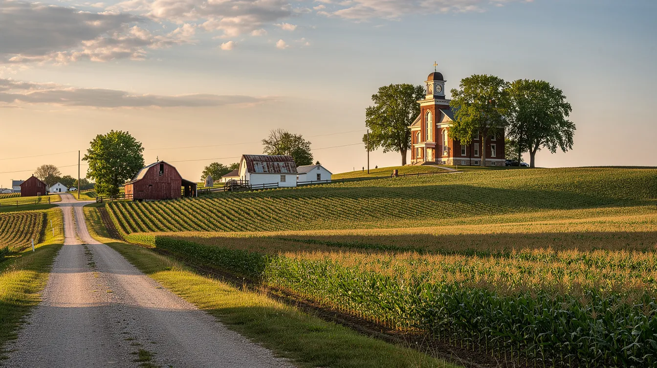 The image depicts a serene rural Indiana landscape featuring rolling farmland with a quaint courthouse in the background, symbolizing the local governance that enforces state laws, including those related to firearms possession and concealed carry permits. The scene reflects the peaceful coexistence of agricultural life and the legal framework that shapes the community's approach to gun safety and regulations.