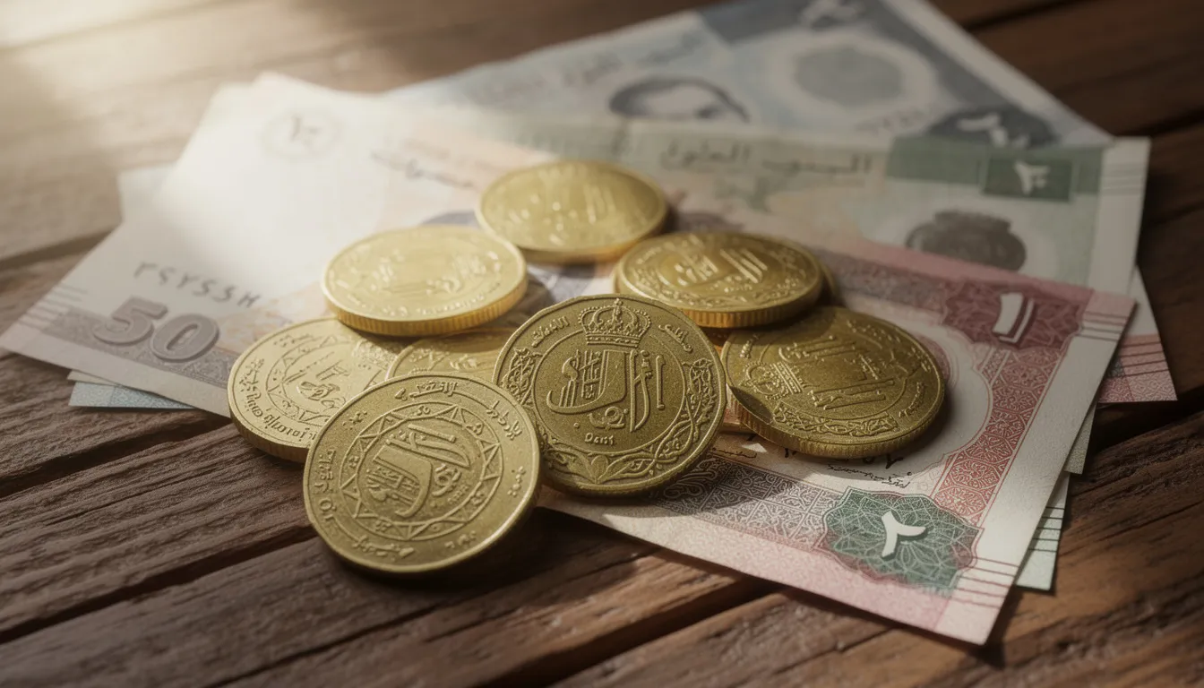 The image features an assortment of Moroccan dirham coins and banknotes neatly arranged on a wooden surface, showcasing the vibrant designs and colors of the currency. This visual representation highlights the importance of tipping in Morocco, as it plays a significant role in supporting the local economy and rewarding good service from taxi drivers, hotel staff, and tour guides.