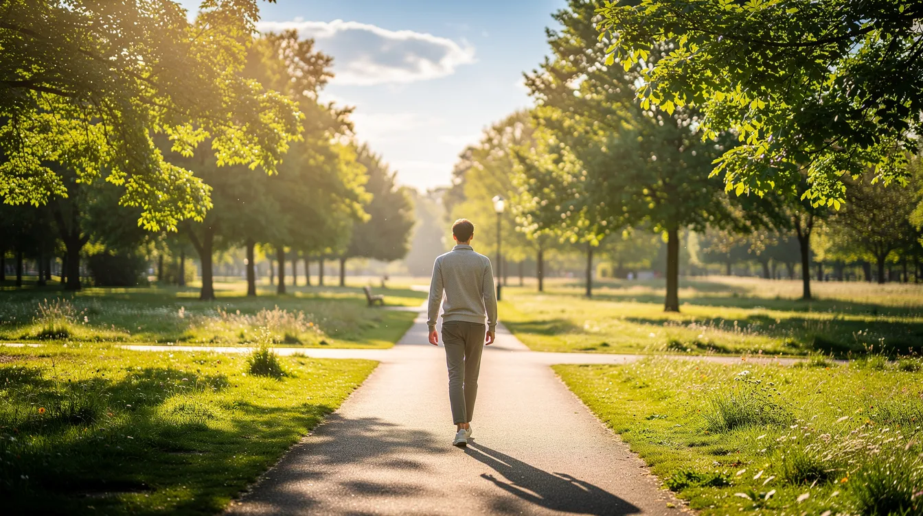 A person is walking outdoors in a park during bright morning sunlight, surrounded by lush greenery. This scene highlights the importance of light exposure for regulating the body&rsquo;s internal clock and improving sleep patterns, especially after experiencing jet lag from traveling across time zones.
