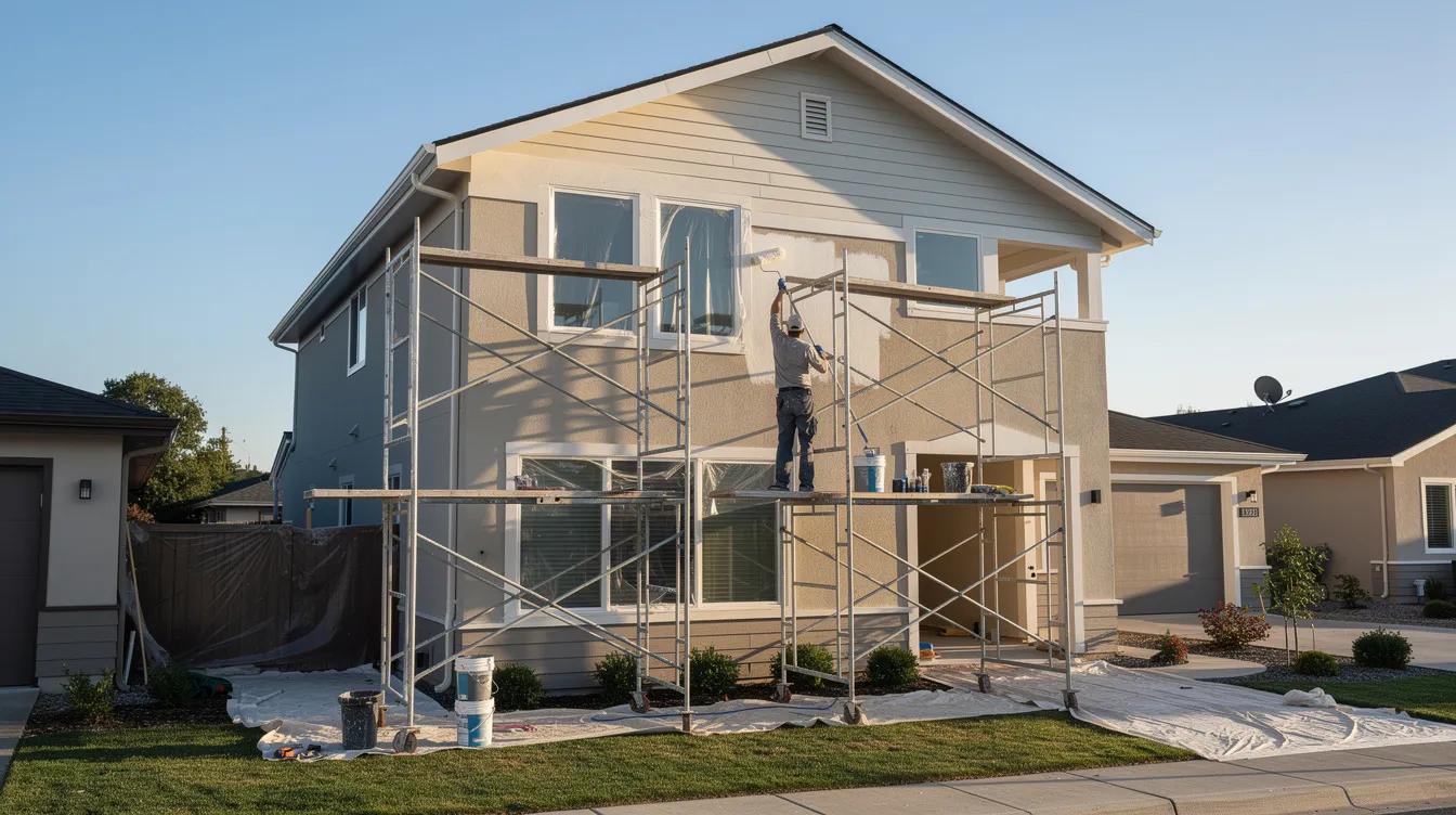 The image shows a residential house exterior undergoing renovation, complete with scaffolding and fresh paint being applied. This fix and flip project highlights the transformation of an investment property, showcasing the potential for real estate investors to enhance property value through renovations.