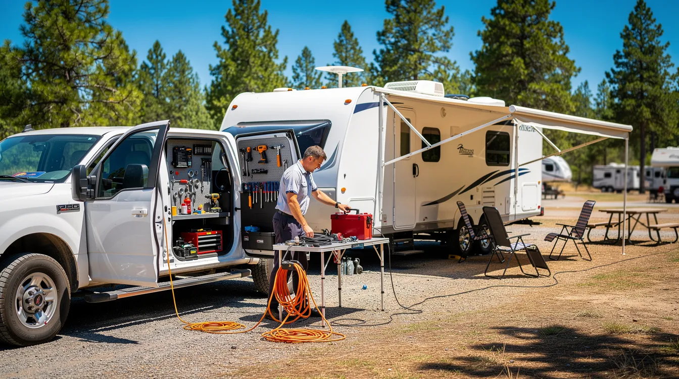 A mobile repair truck is parked beside a travel trailer at a sunny campground, with various tools visible, indicating that mobile RV repair services are being offered on-site. The scene captures the essence of routine maintenance and repairs for RVs in a relaxed outdoor setting.
