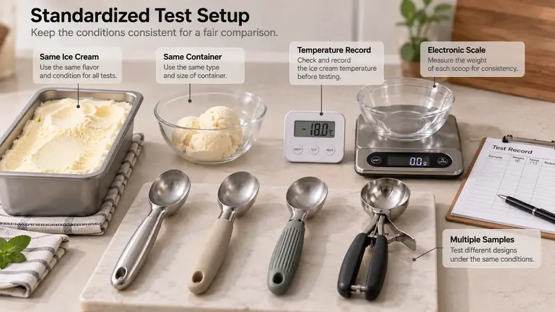 Standardized ice cream scoop test using consistent samples, containers, and measuring tools