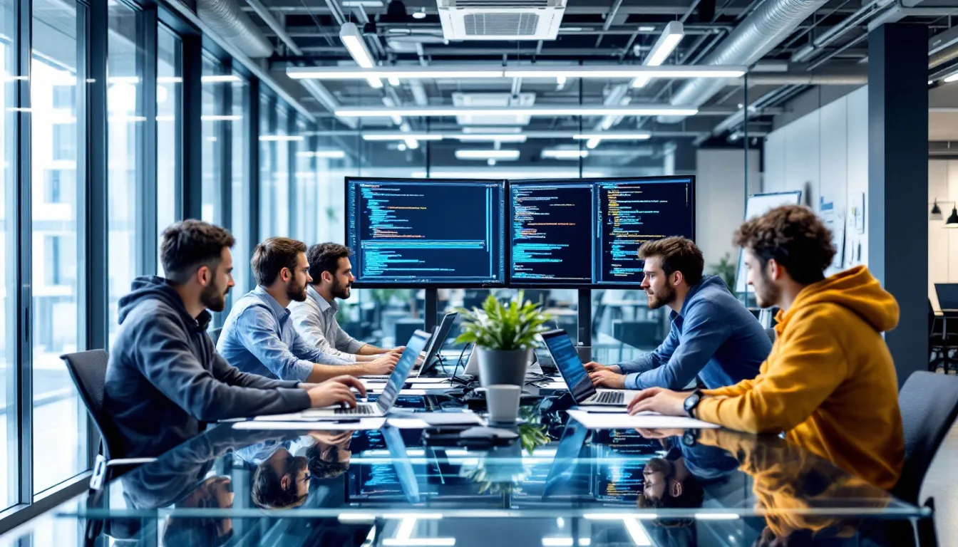 In a modern office environment, a technical team collaborates on data management systems, discussing strategies for effective test data management and data masking to ensure compliance and security of sensitive information. They utilize various test data management tools to optimize data integration and enhance software development processes.