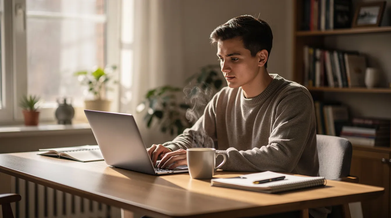 A person is seated at a home office desk, focused on their laptop while enjoying a cup of coffee. This setting reflects the lifestyle of a freelancer or self-employed individual, balancing work and comfort in their personal space.