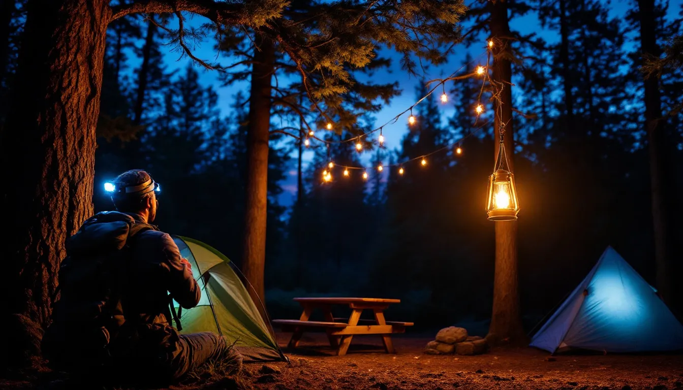 The image depicts a cozy campsite illuminated at dusk, featuring a headlamp, lantern, and string lights that create a warm atmosphere. This setup highlights the essentials for a successful camping trip, perfect for beginner campers looking to enjoy outdoor adventures.