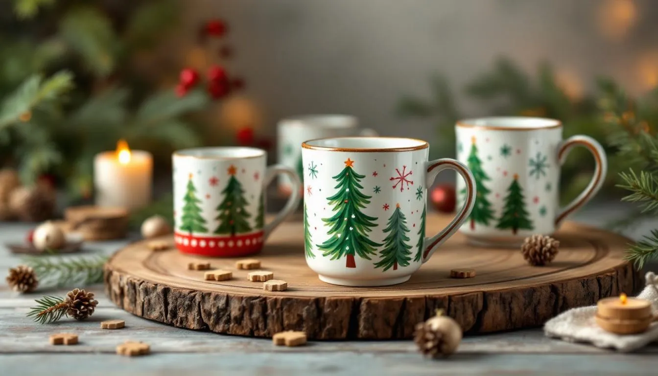 Hand-painted mugs displayed with vibrant designs.