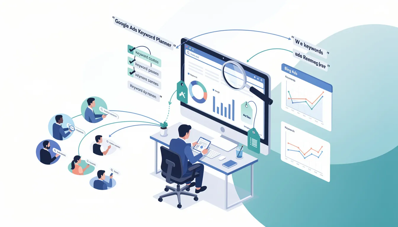 The image depicts a digital marketing consultant analyzing keyword research data for search engine marketing (SEM) campaigns. Tools like Google Ads and Bing Ads are shown on a computer screen, highlighting the importance of identifying relevant keywords to improve search engine rankings and enhance online visibility for businesses.
