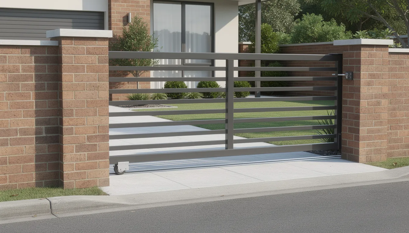 A modern steel sliding gate is installed at a residential driveway, flanked by sturdy brick fence pillars that enhance security and aesthetics. This driveway gate exemplifies quality and durability, making it a trusted choice for homeowners in Coburg North.