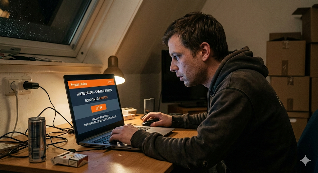 Speler bekijkt een buitenlands online casino zonder iDEAL betaalmethode, voorbeeld van een illegaal casino of internationale goksite waar Nederlandse spelers vaak andere betaalmethoden zoals crypto of creditcards moeten gebruiken in plaats van iDEAL bij legale Nederlandse casino’s met KSA-vergunning.