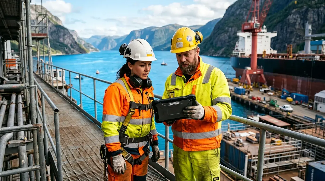 Two offshore workers in hard hats reviewing a tablet on a harbour quay beside a fjord