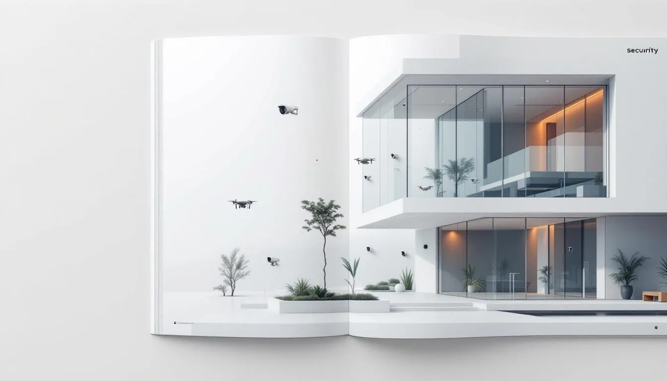 A conceptual image of a security service, illustrating various security solutions for property protection.