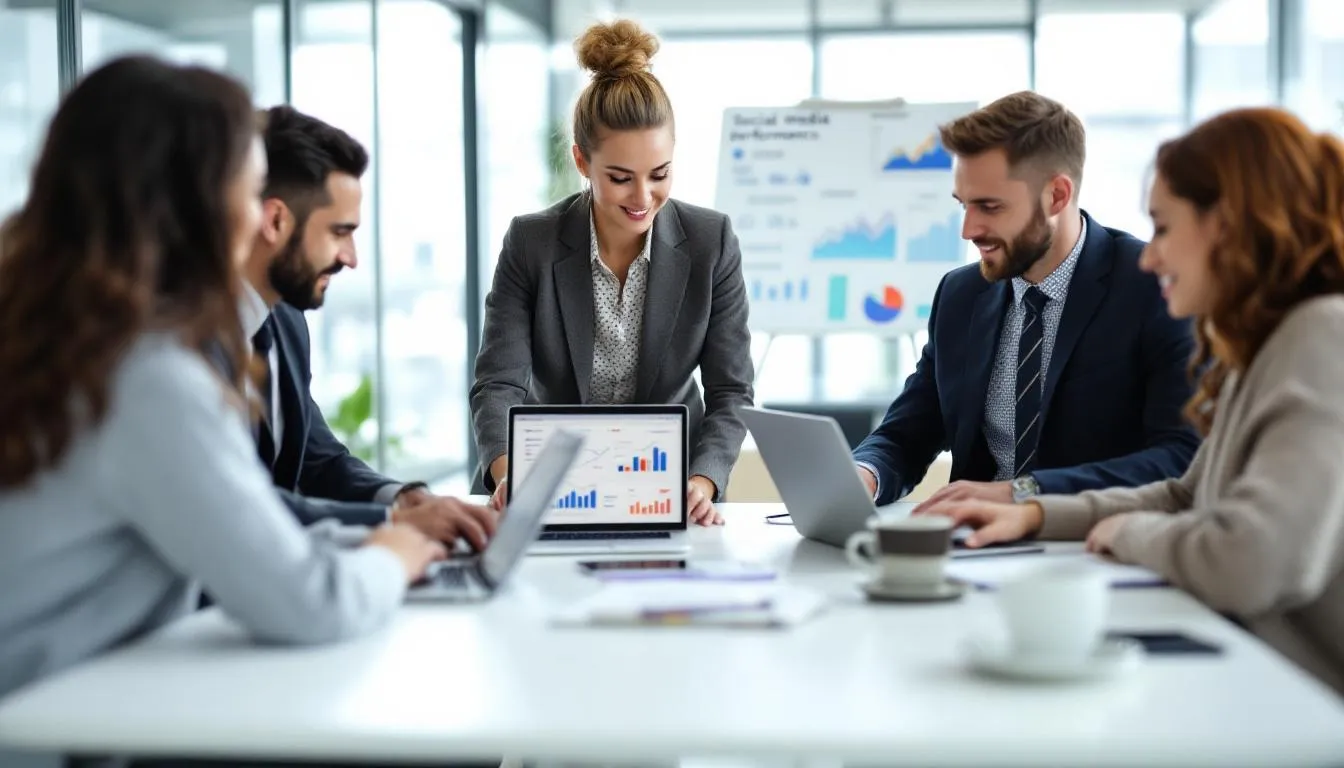 Instagram vs LinkedIn: Which Platform Should Your Business Focus on - A professional team is gathered around laptop screens, analyzing social media performance metrics to enhance their marketing strategy. They discuss insights related to popular social media platforms and how to effectively reach targeted audiences for business growth.