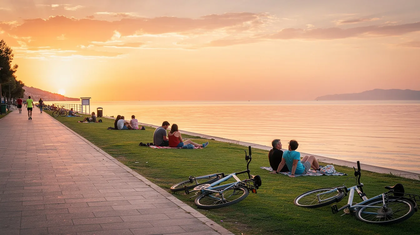 El paseo marítimo de Esmirna al atardecer muestra a personas sentadas en el césped, disfrutando del mar tranquilo y del ambiente relajante, con bicicletas estacionadas cerca. En el fondo, se puede apreciar la belleza de la costa del Egeo, un lugar ideal para turistas y locales en esta tercera ciudad más grande de Turquía.
