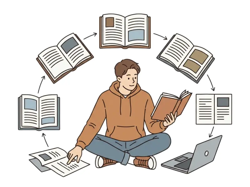 Illustration zur systematischen Analyse von Masterarbeit-Beispielen: Student vergleicht mehrere Vorlagen und entwickelt daraus eine eigene Struktur