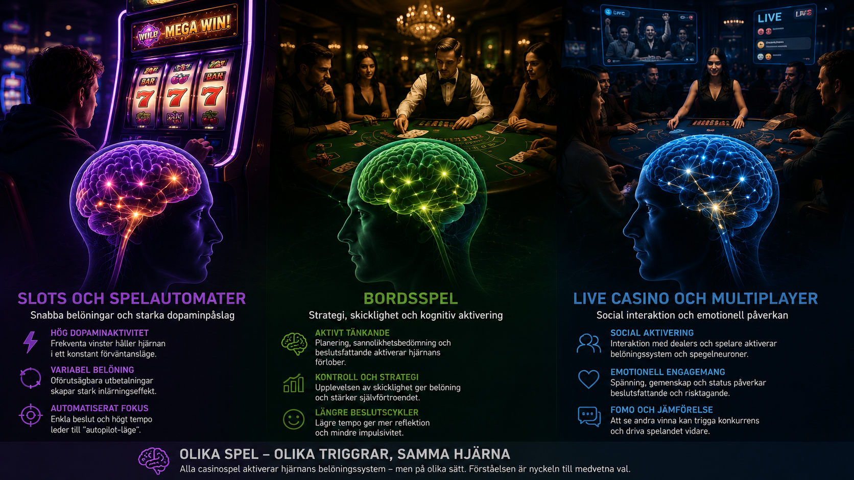 Jämförelse mellan slots, bordsspel och live casino samt hur olika casinospel påverkar hjärnan och spelbeteenden.