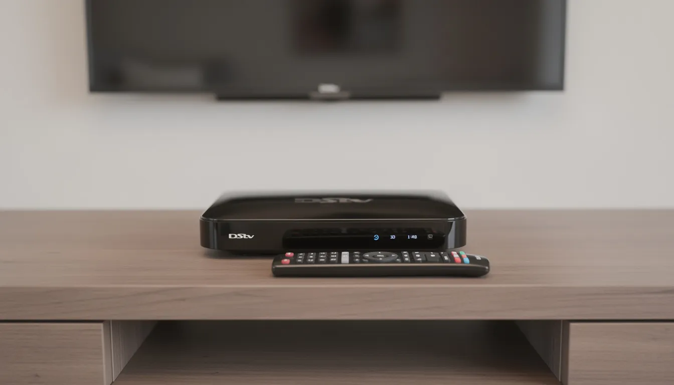 The image shows a DStv decoder unit alongside a remote control, both placed neatly on a TV stand. This setup represents the essential equipment for enjoying DStv services, highlighting the importance of professional installation services for optimal entertainment in South Africa.
