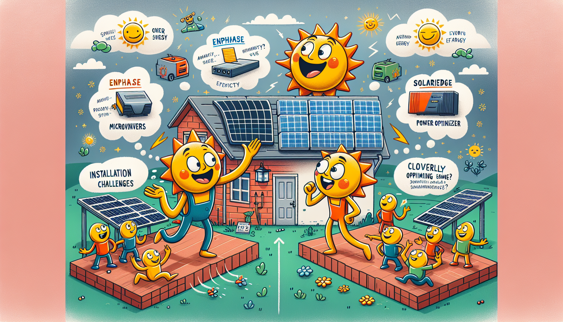 A cartoon depicting the pros and cons of different solar systems, including Enphase and SolarEdge.