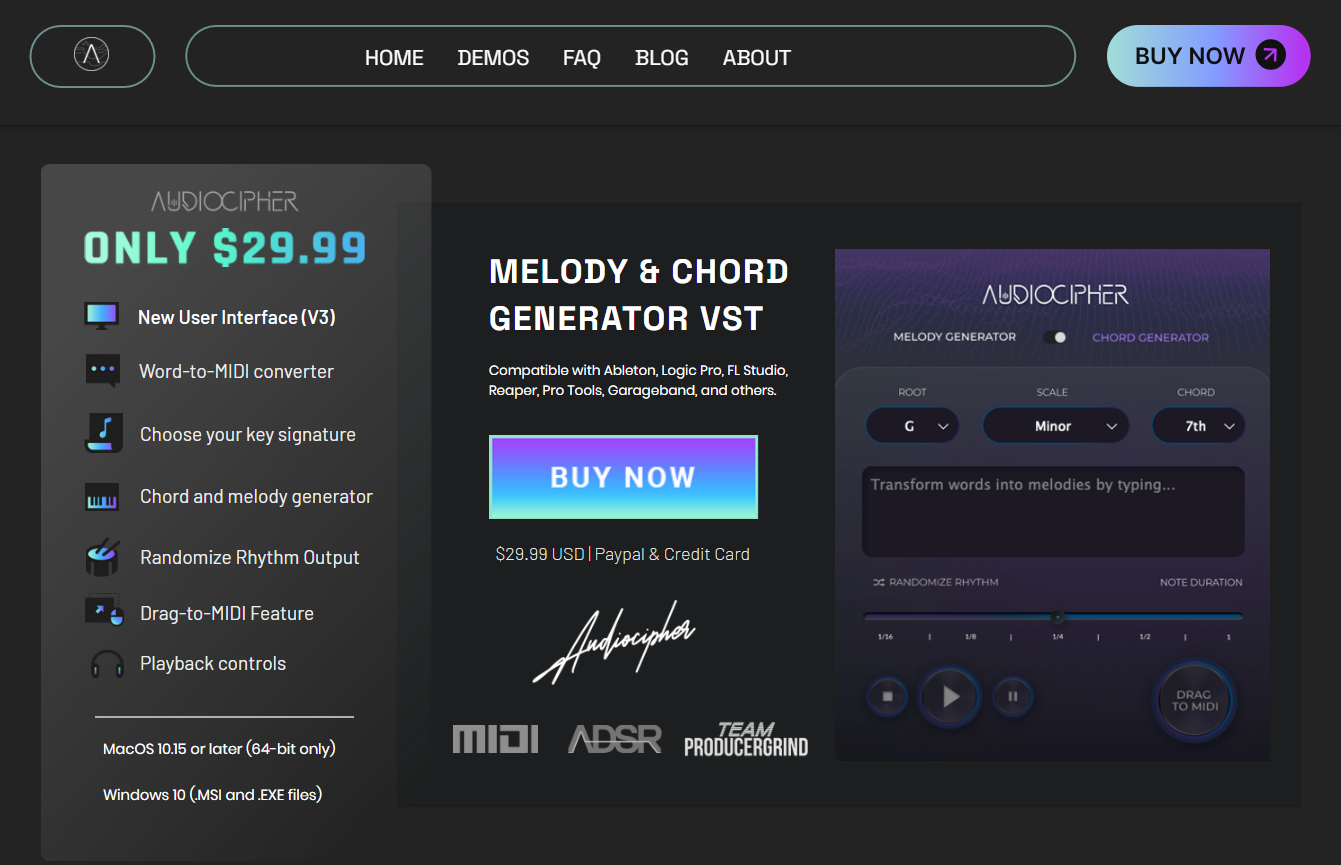 "Only $29.99" is written in bold, green, and blue text. Below that, it lists the features you'll gain access to, which are a new user interface, word-to-MIDI converter, choose your key signature, chord and melody generator, randomise rhythm output, drag-to-MIDI feature, and playback 