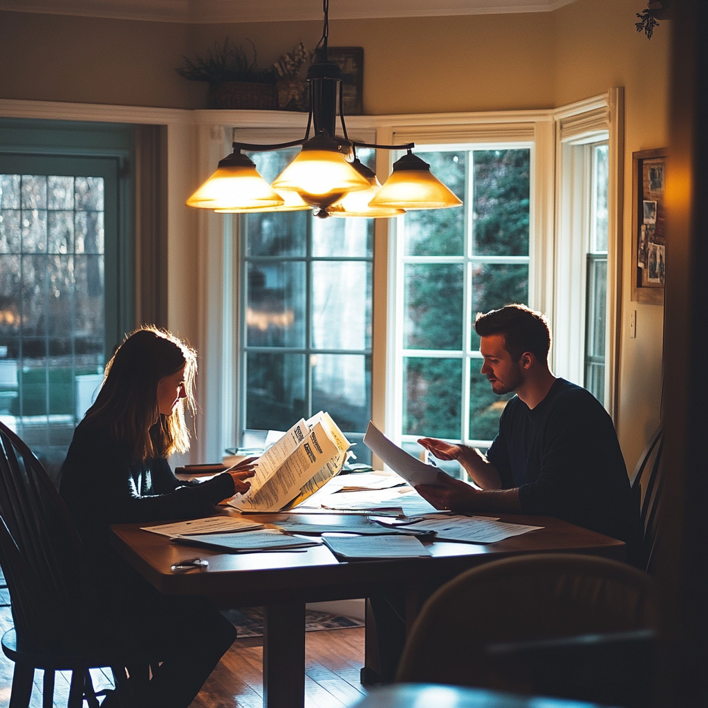 couple at table working on budgeting