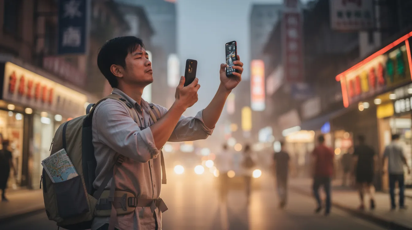 A traveler stands on a bustling foreign city street, holding up a smartphone to check for signal bars, indicating they are troubleshooting their mobile data connection. They may be considering options like resetting network settings or ensuring data roaming is turned on to stay connected while exploring local networks abroad.