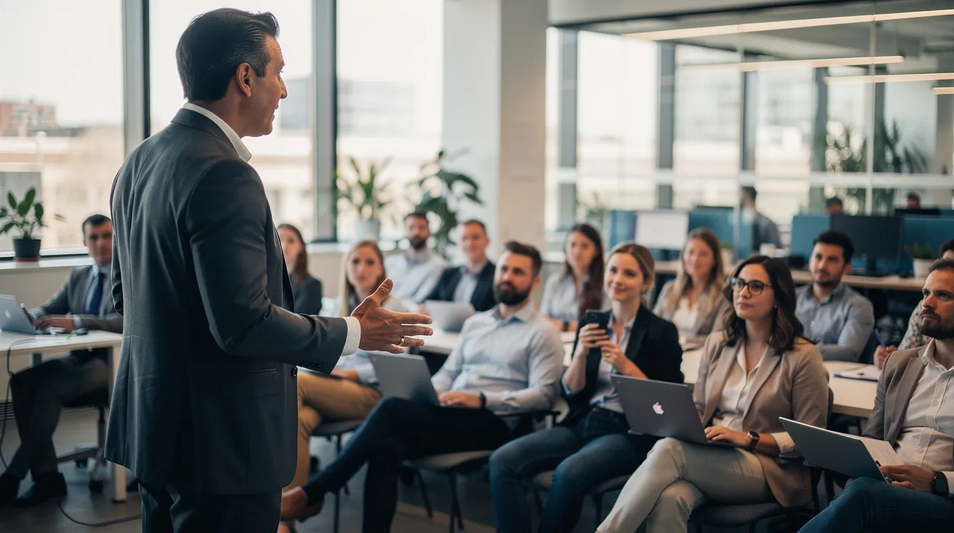 Un dirigeant charismatique se tient debout devant un large auditoire de collaborateurs assis dans un espace de travail ouvert, prenant la parole avec assurance pour partager des idées sur le leadership et la performance. L'ambiance est dynamique, illustrant l'engagement et la collaboration au sein de l'entreprise.