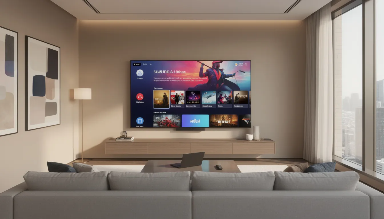 The image depicts a stylish professional living room featuring a modern smart TV that showcases streaming content, highlighting the appeal of connected TV advertising. The contemporary setup emphasizes the growing trend of consuming video content through streaming services, reflecting the integration of digital advertising in everyday life.