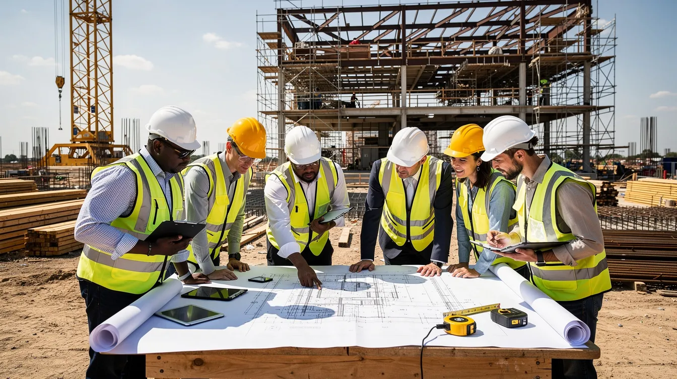 A group of construction professionals wearing hard hats is collaborating around blueprints at an outdoor jobsite, discussing plans for compliance with prevailing wage laws and labor regulations. The scene highlights teamwork in the construction industry, essential for successful public works projects.