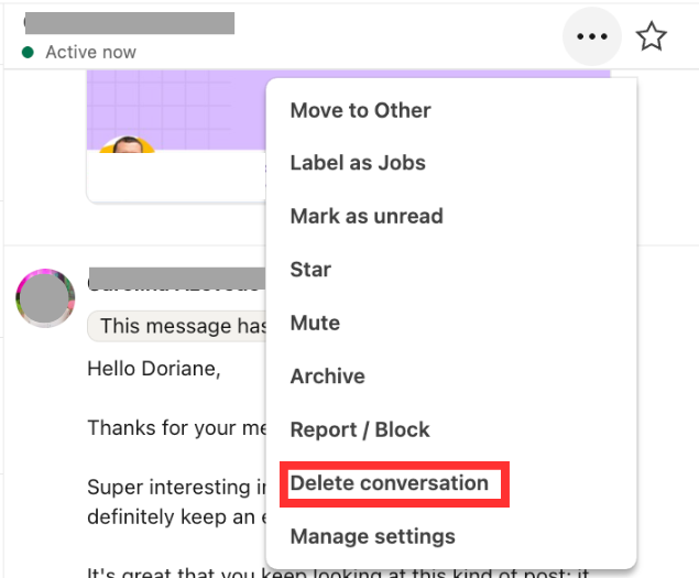 LinkedIn inbox showing Delete conversation option