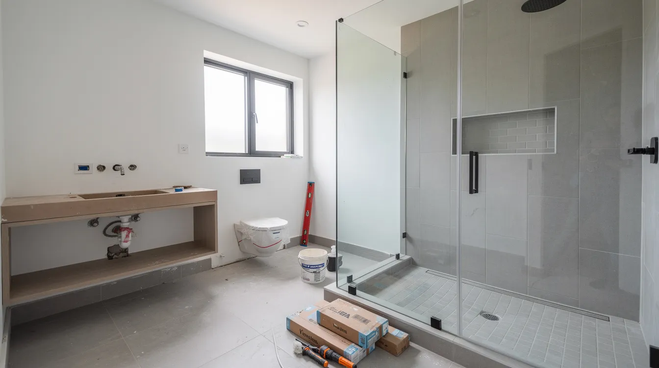The image depicts a modern bathroom nearing completion of a renovation, featuring sleek wall tiles and a spacious walk-in shower with frameless glass. The setting showcases new fixtures and heated floor systems, indicative of a mid-range bathroom renovation in Vancouver, highlighting the meticulous tile installation and attention to detail in the renovation project.