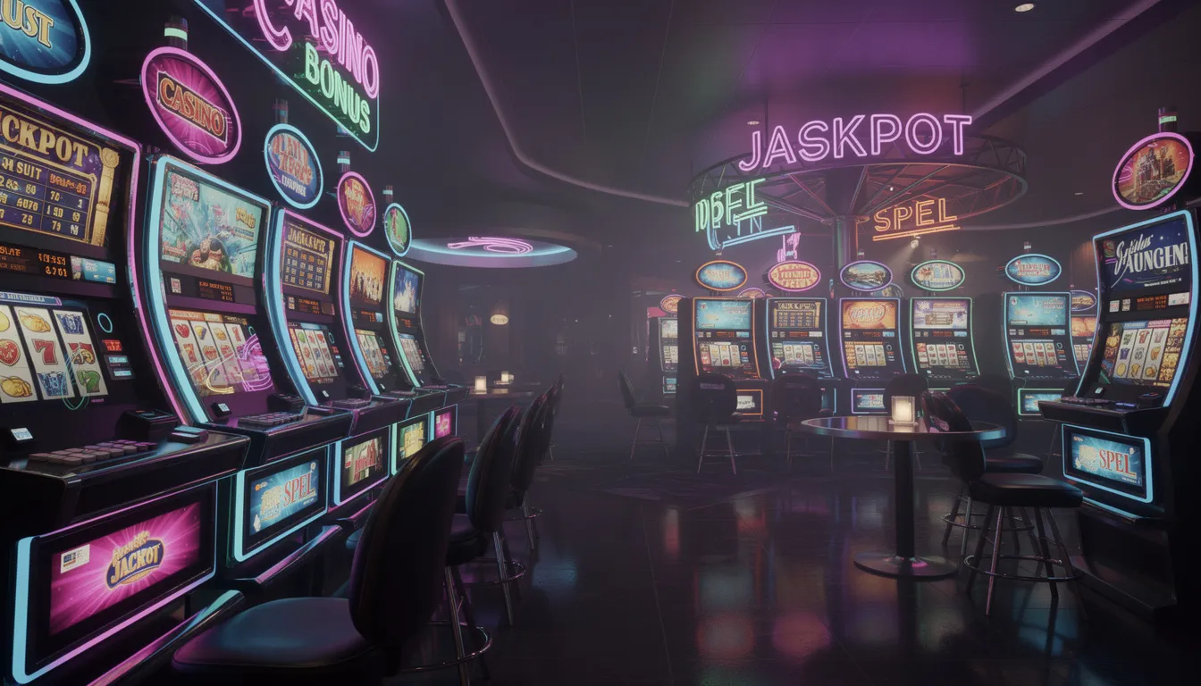 En färgglad och livlig casinomiljö med spelautomater som lyser i neonfärger, omgiven av en mörk bakgrund. Detta skapar en atmosfär av spänning och nöje, perfekt för spelare som vill uppleva underhållning hos hyper casino.