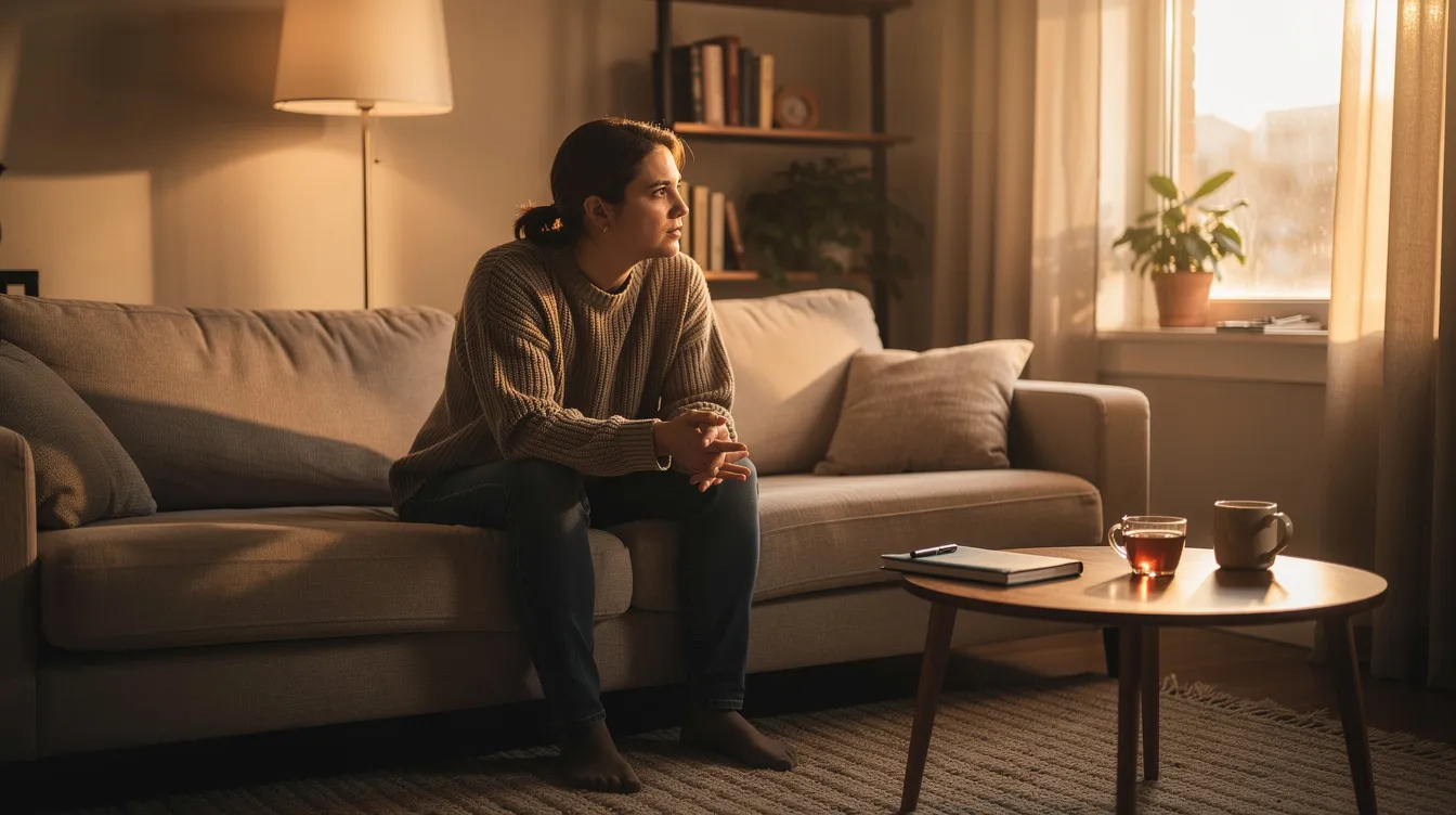 A person is sitting thoughtfully in a cozy living space, reflecting on deeper questions about life and relationships, perhaps considering what it means to feel supported in a healthy relationship. The warm atmosphere suggests a moment of meaningful conversation, where thoughts flow freely and the person contemplates their core values and favorite childhood memories.