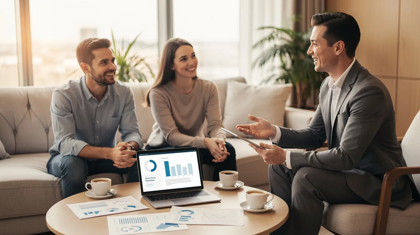A certified financial planner meets with clients in a comfortable office setting, discussing personalized financial planning services to help them achieve their long-term financial goals. The atmosphere is professional yet inviting, fostering open communication about investment options and strategies for managing their financial future.