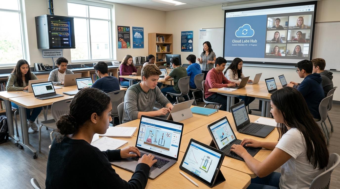 Students accessing browser-based virtual labs on laptops and tablets in a modern classroom, supported by centralized cloud infrastructure and remote learning