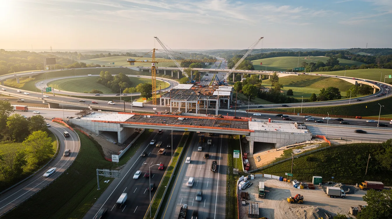 An aerial view captures a busy Tennessee highway interchange featuring construction cranes and partially completed bridge structures, highlighting ongoing construction projects and opportunities in the area. The scene reflects the dynamic nature of construction jobs and the essential role of skilled trades in developing infrastructure in cities like Nashville and Knoxville.