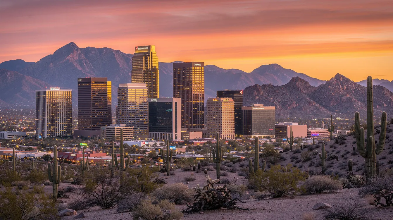 The image captures the Phoenix, Arizona skyline at sunset, with vibrant hues of orange and purple illuminating the sky, while the silhouette of desert mountains forms a dramatic backdrop. This scene reflects the beauty of the city and its surrounding landscape, showcasing the growth and resilience of the area.