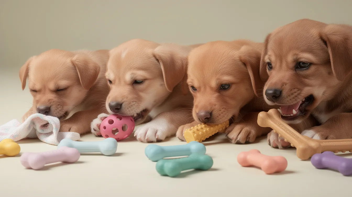 The image depicts a teething puppy with swollen gums and tiny baby teeth, surrounded by a variety of safe chew toys designed to soothe sore gums during this natural teething process. The puppy appears playful and curious, showcasing the typical behavior of puppies as they navigate through the teething stages.