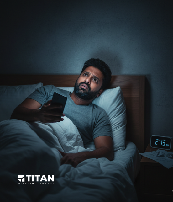 A man lies awake in bed in a dimly lit room late at night, staring at the ceiling with a worried expression, holding his phone. An alarm clock shows 2:13 AM. This image conveys the stress of a business owner losing sleep over finances.