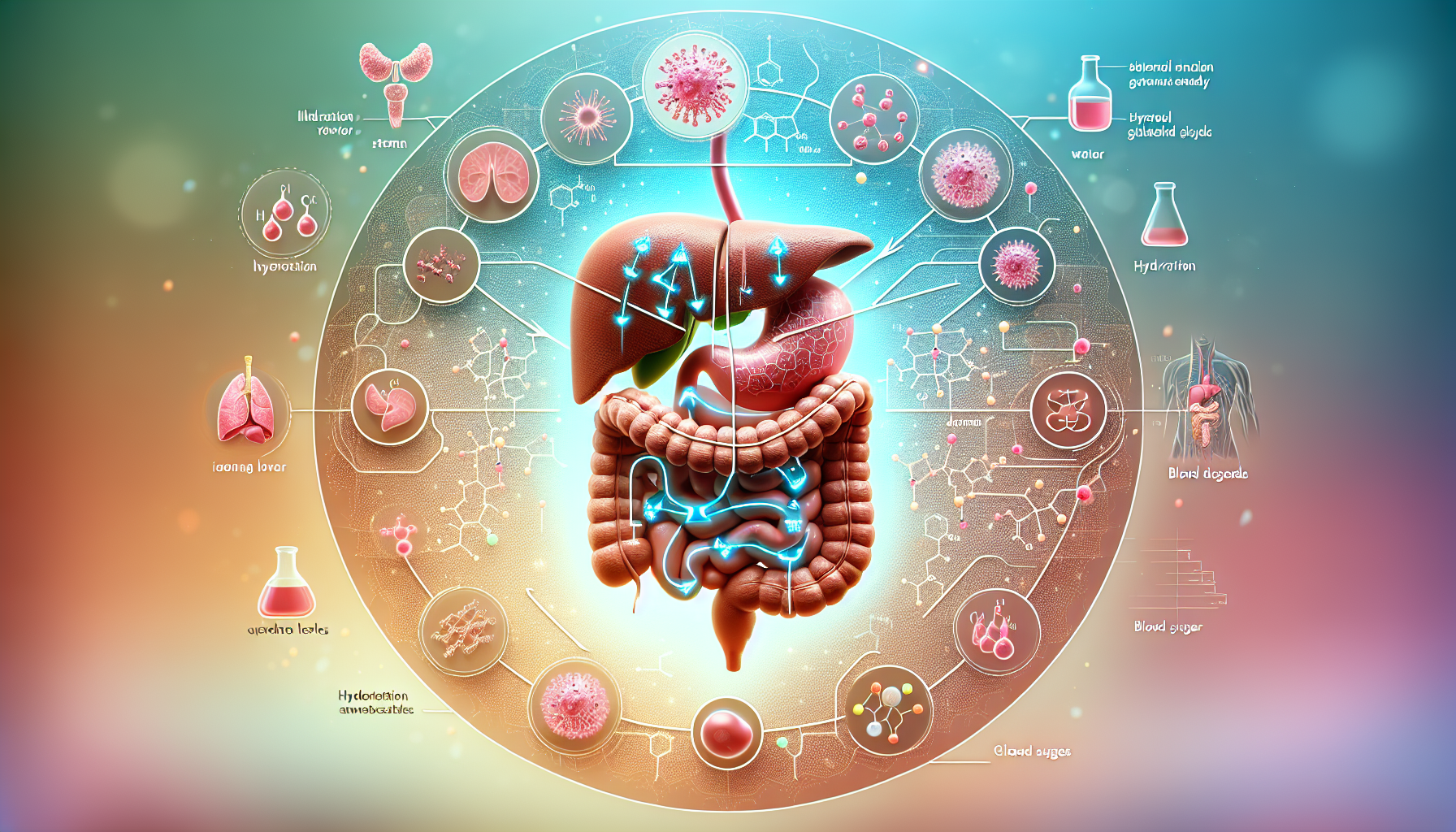 A scientific illustration explaining the process of alcohol metabolism and its effects on the body.