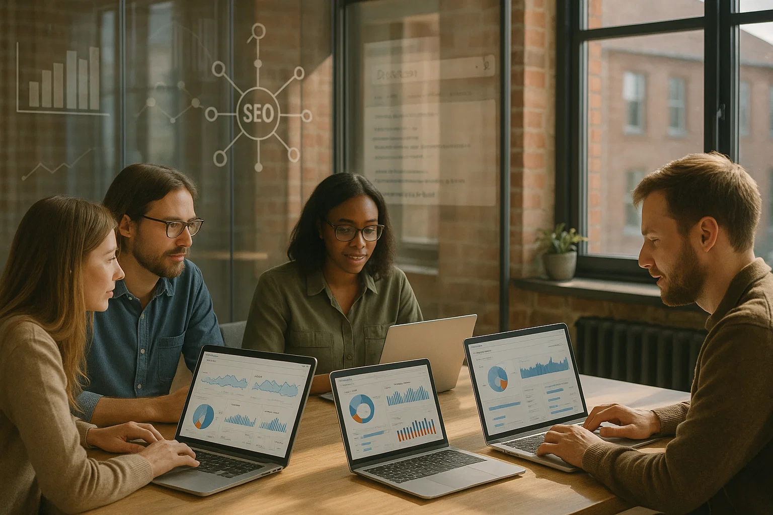 Digital marketing professionals in a Stockport office analysing SEO analytics and link building data on laptops.