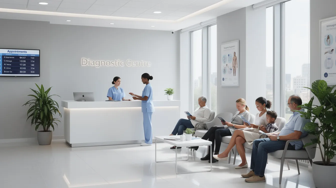 2673cd58 7653 482c 9b65 4ce61010a873 The image depicts a modern diagnostic centre reception area, showcasing a clean and clinical environment where health-conscious patients are waiting for their appointments. The space is designed to accommodate various diagnostic test services, reflecting the growth of the healthcare industry and the increasing medical insurance coverage among the urban consuming class.