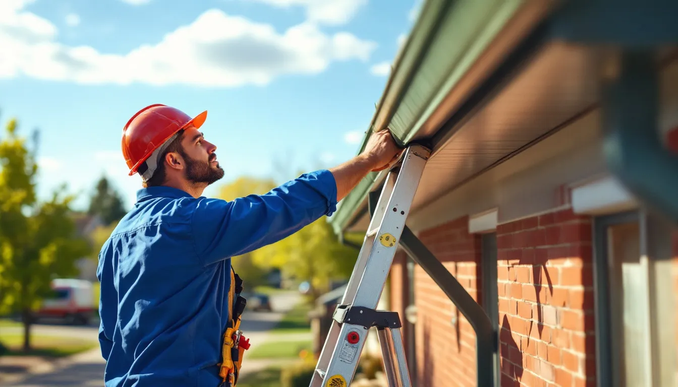A professional inspecting a gutter system for repairs in Pueblo, CO.