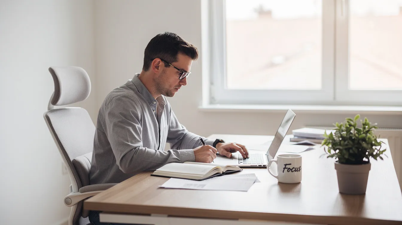 Een ondernemer werkt geconcentreerd aan een bureau in een lichte thuiswerkomgeving, met een laptop en een notitieboek voor het opstellen van een ondernemingsplan. De ruimte straalt een gevoel van duidelijkheid en focus uit, wat helpt bij het visualiseren van de strategieën en doelstellingen van het bedrijf.