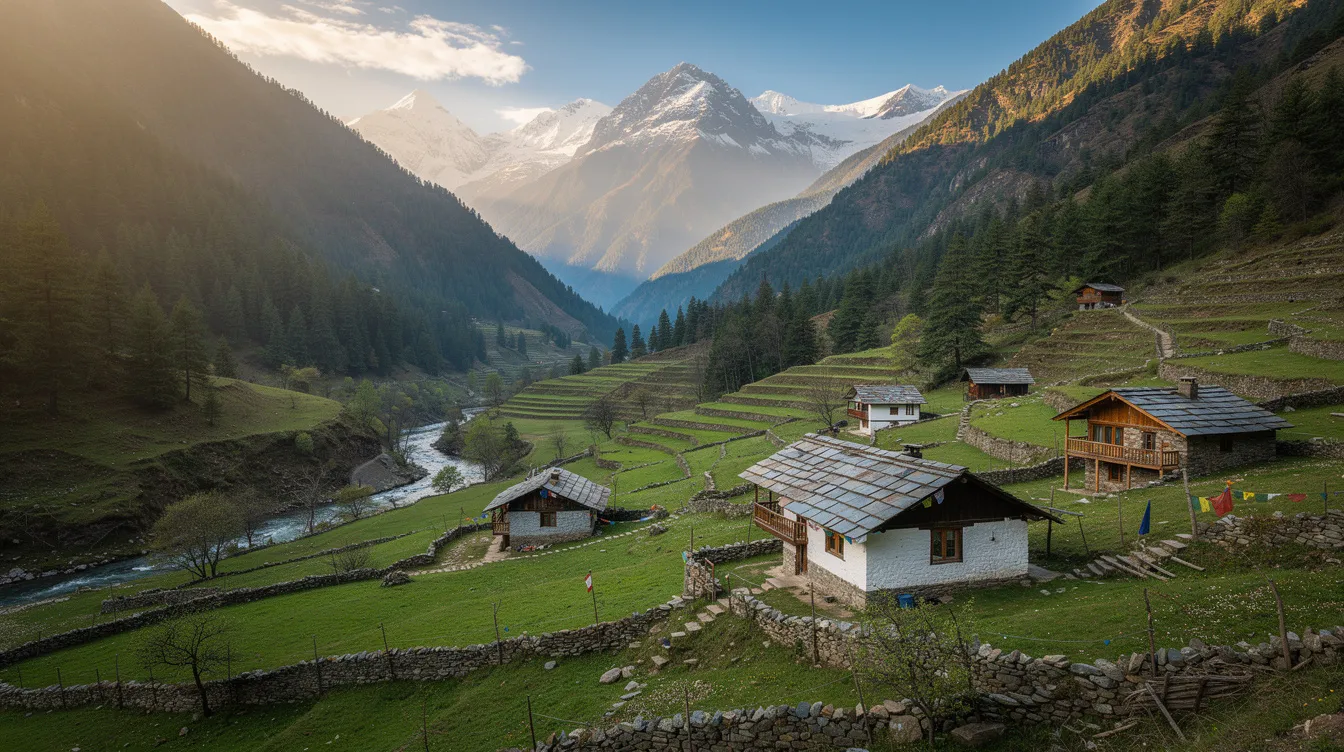 The image depicts a picturesque mountain valley in Himachal Pradesh, featuring small traditional houses nestled among lush green hillsides. This serene landscape reflects the charm of rural India, where one might find a local bank branch for money transfers, complete with its IFSC and MICR codes for easy access.