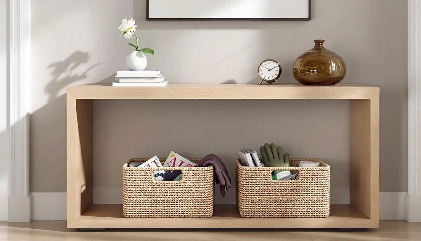 A modern hallway table features a sleek design with decorative items and stylish storage baskets, perfect for enhancing the ambiance of entryways or tight areas. This console table combines functionality and elegance, making it an ideal addition to any living space.