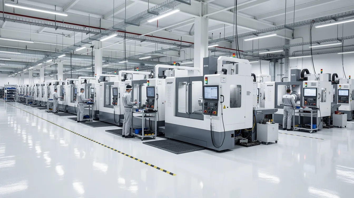 The image depicts a modern, brightly lit precision manufacturing facility featuring a wide-angle view of aligned CNC machines, reflecting a clean and highly organized environment. This world-class production space showcases advanced CNC machining processes, emphasizing exceptional quality and efficiency in delivering industrial-grade machining and precision manufacturing solutions.